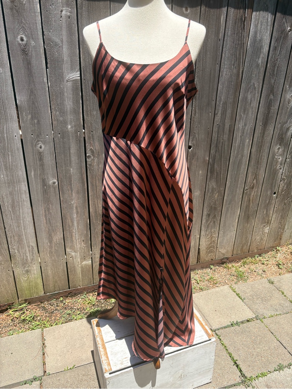 a new day Diagonal Stripe Satin Slip Midi Dress in Rust and Black